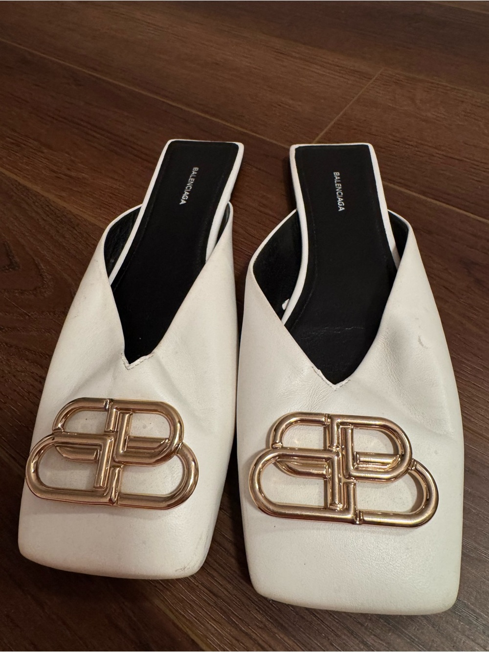 Balenciaga White Leather Square-Toe Logo Mules with Gold BB Hardware